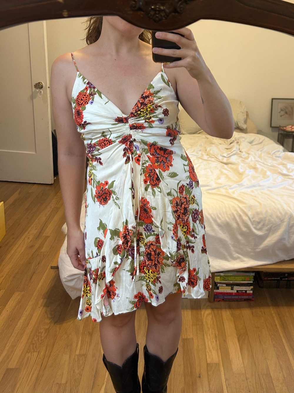 Free People White Mini Dress with Floral Print